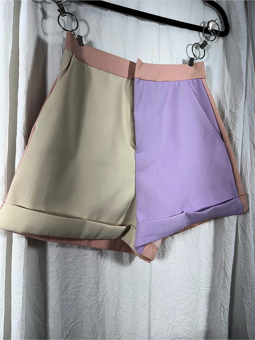 endless rose Color Block High-Waisted Shorts Pink & Purple XS